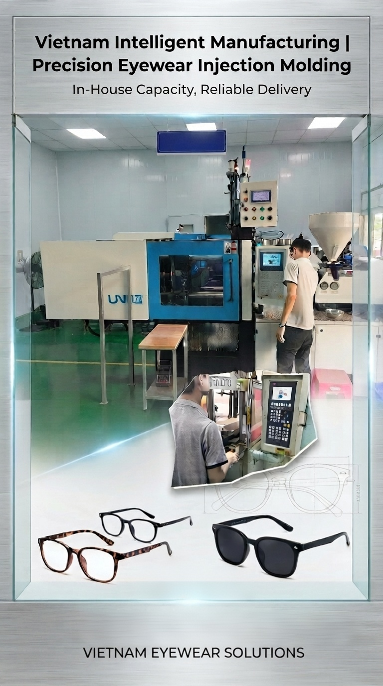 Presentazione del nostro laboratorio di stampaggio a iniezione di precisione intelligente di proprietà presso il nostro centro di produzione di occhiali in Vietnam.